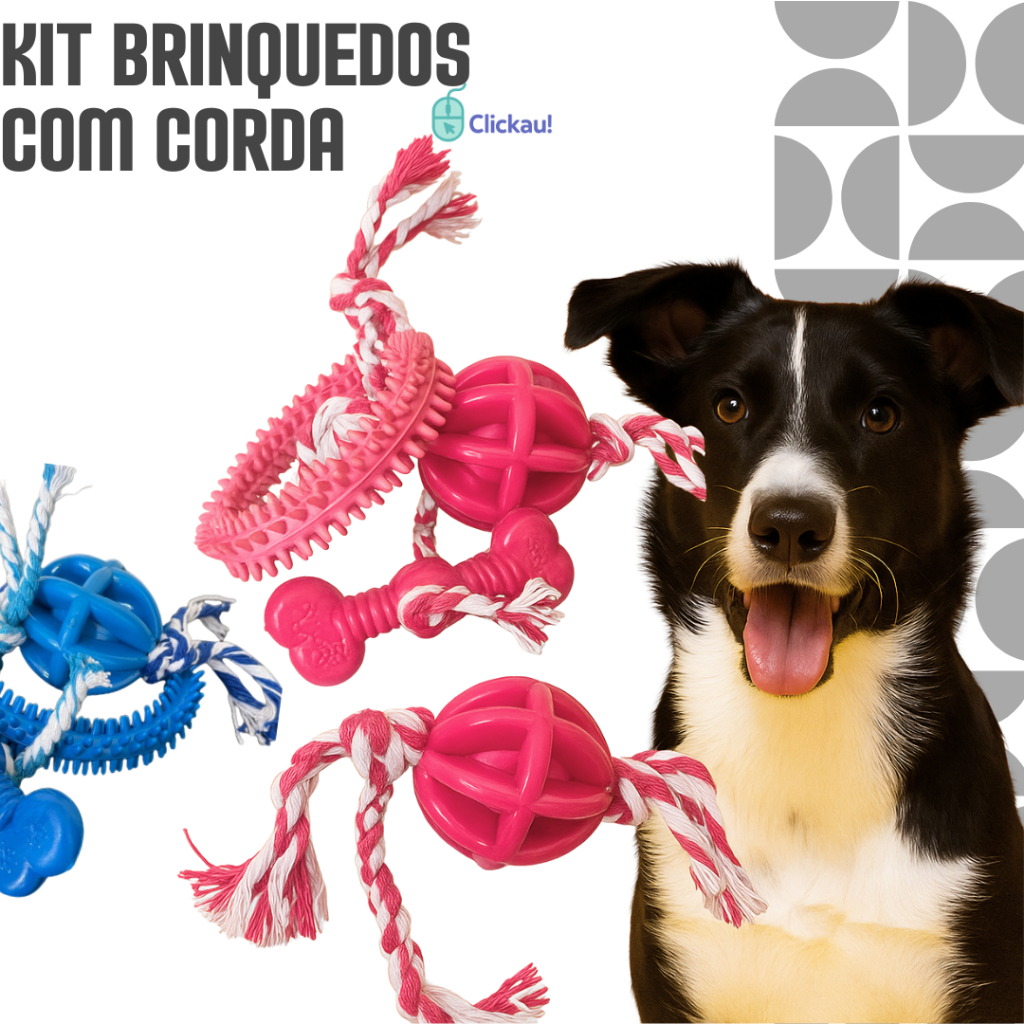 Kit 3 Brinquedos Pet com Corda Osso + Anêmona Mordedor + Bolinha Petisco Interativo para Cachorros