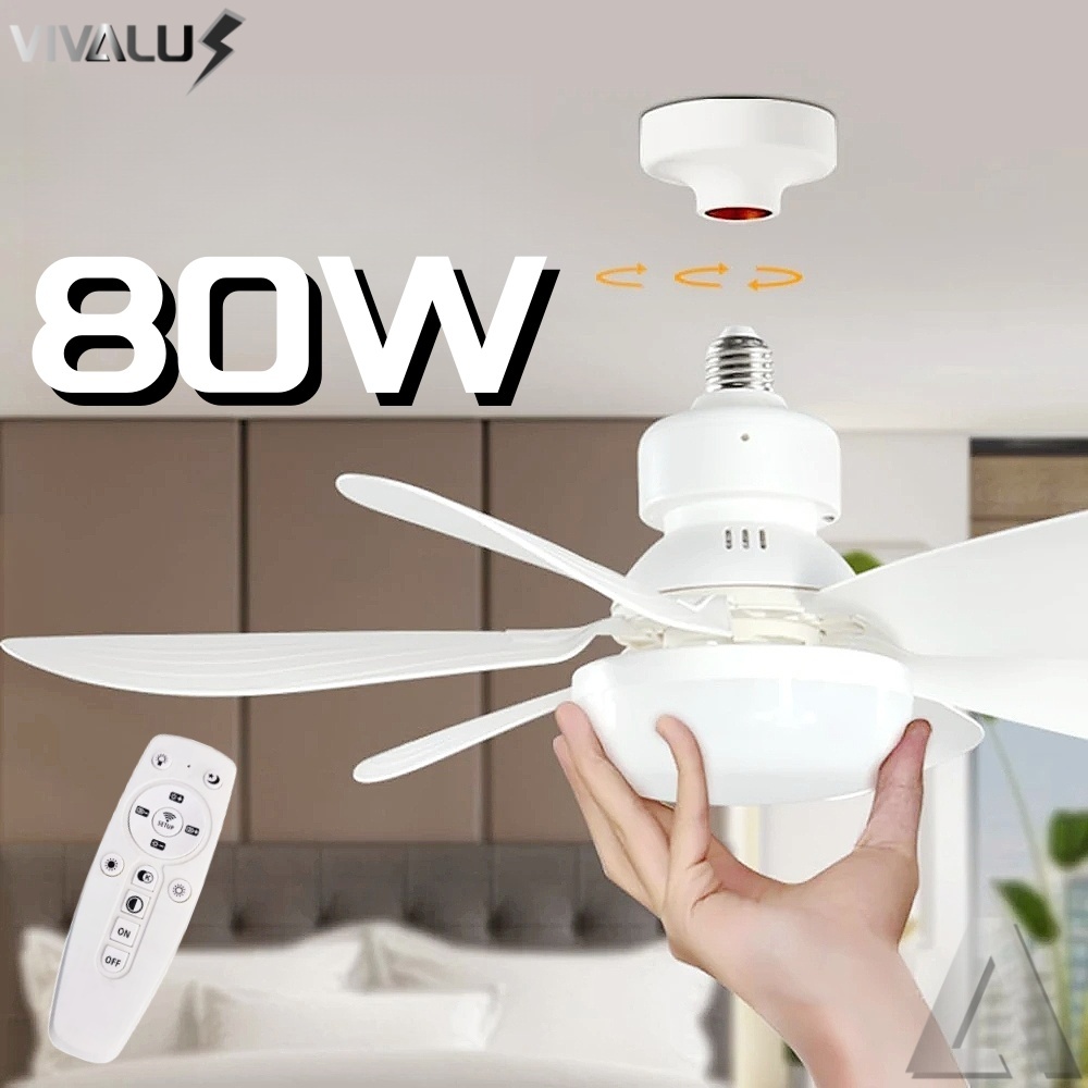 Ventilador Luminária Led 80W 6 Pás Lâmpada Soquete Bocal E27 52CM Teto 3 Cor Branco Preto Com Base