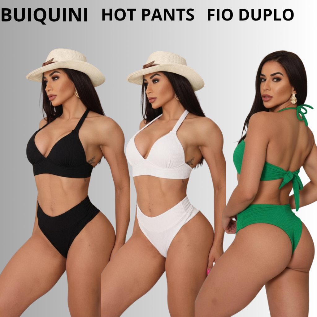 biquini com bojo e laço que regula nas costas hot pants calcinha fio duplo cintura alta com forro pr