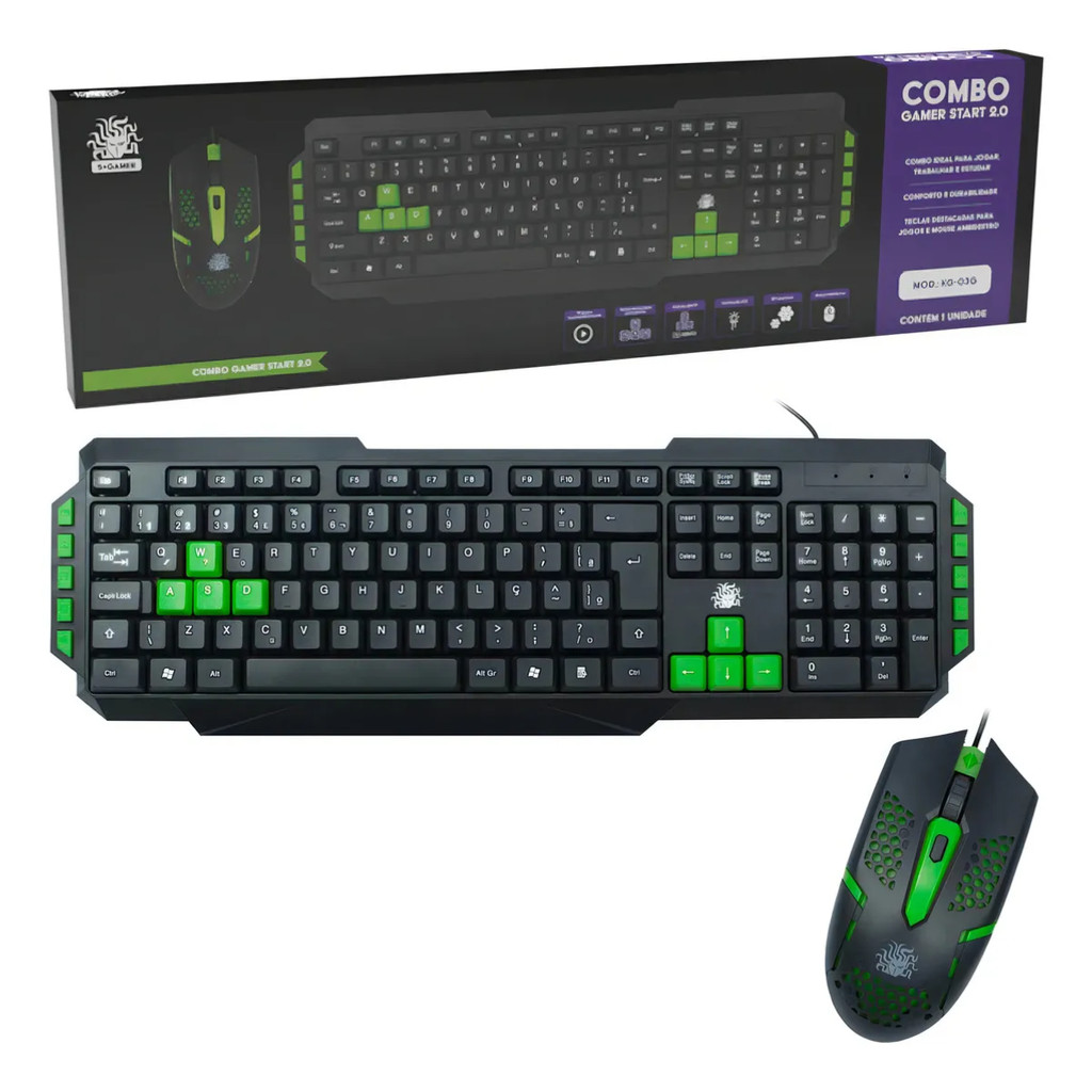 Combo Gamer Teclado + Mouse Start 2.0 USB LED ABNT2 Ergonômico PC Notebook Cor Verde