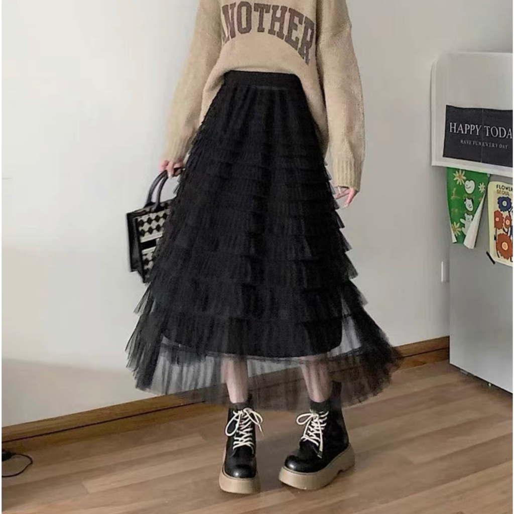 Saia de Tule Moda Feminina Comprida Elegante e Elastica Saia de Babado de Camadas /saias evangélicas