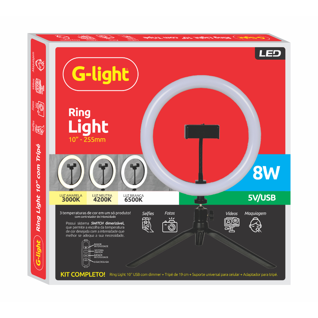 Iluminador Ring Light Led Anel de Luz 10 polegadas 24cm Usb Tripé 19cm suporte para celular G-light