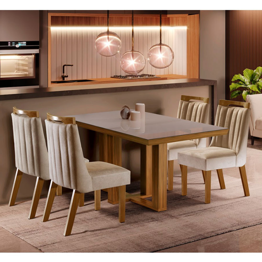 Conjunto Sala de Jantar Lottus Mesa Tampo em MDF e Vidro com 4 Cadeiras ShopKasa