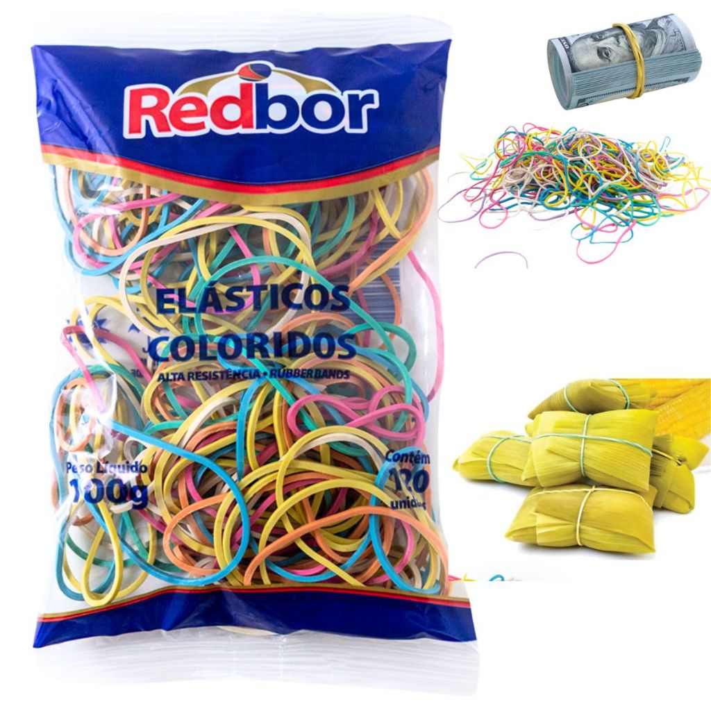 Saquinho c/ 100gr de Elástico Látex Colorido 120Un N. 18 P/ Pamonha Dinheiro Borracha Atilho Liga