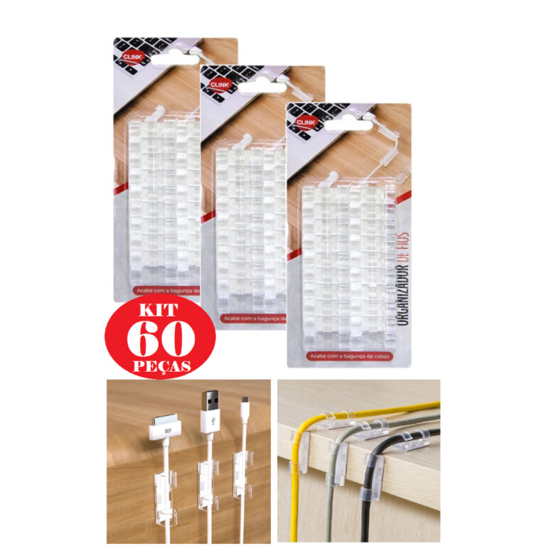 Kit c/60 Clips Fixador Organizador de Fios e Cabos