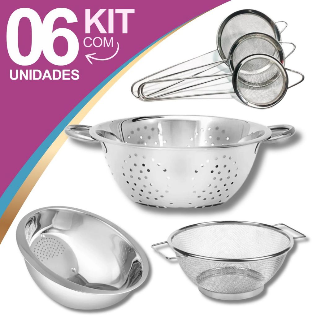 Kit 4 peças Escorredor De Arroz + Escorredor De Macarrão + Escorredor telado + 3 Peneiras