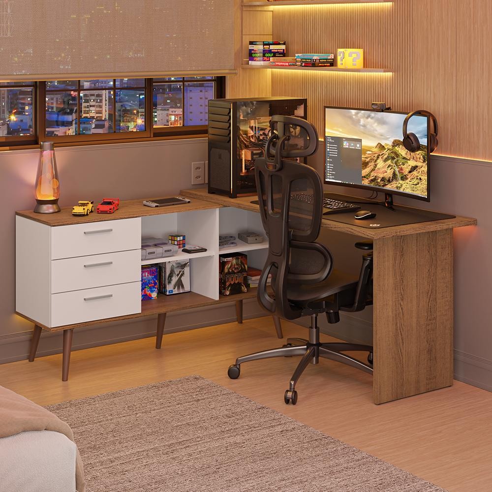 Escrivaninha Em L Mesa Para Computador Gamer 3 Gavetas Lisboa Madesa