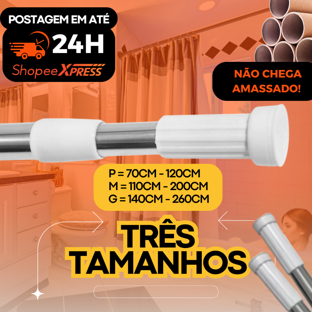 Varão Regulável Extensível Barra Pressão P/Cortina Box Banheiro Cozinha Lavanderia Porta Divisória t