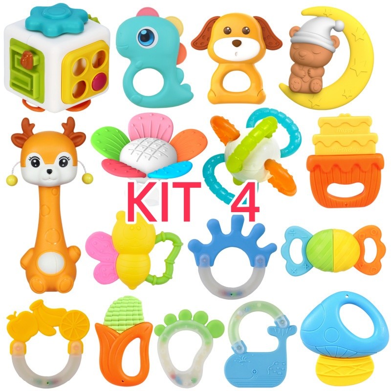Brinquedos Para Bebê Kit com 4 pçs Chocalho + Mordedor Macio Colorido