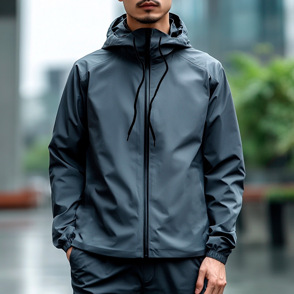 Jaqueta Corta vento lisa 100 % Forrada com capuz alto.