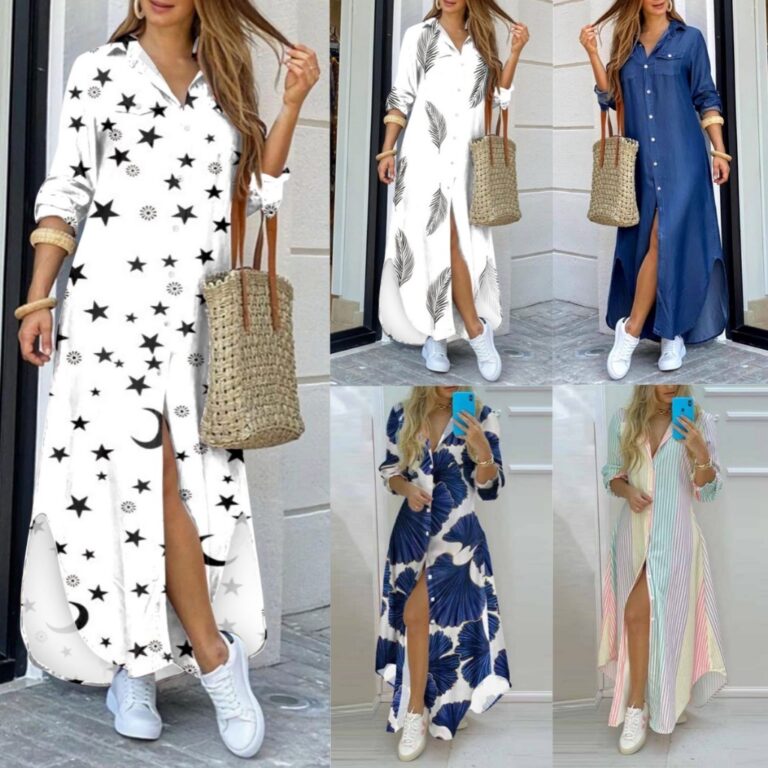 Vestido Camisa Solta Manga Longa Com Botão V De M