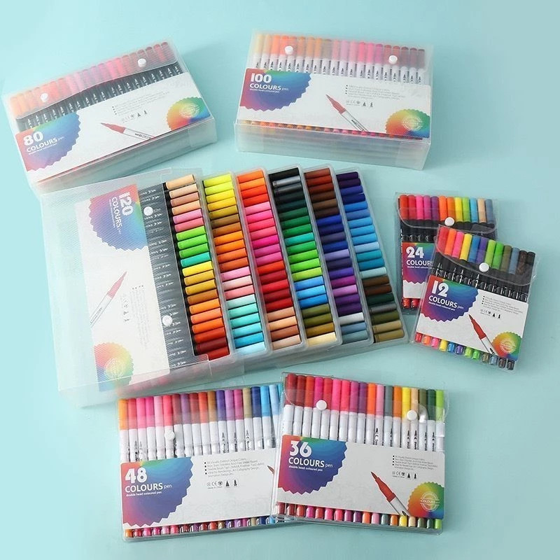 Canetas Brush Lettering 2 em 1 Ponta Fina Dual Pen Kit 24/36/48/60/80 Cores Desenho