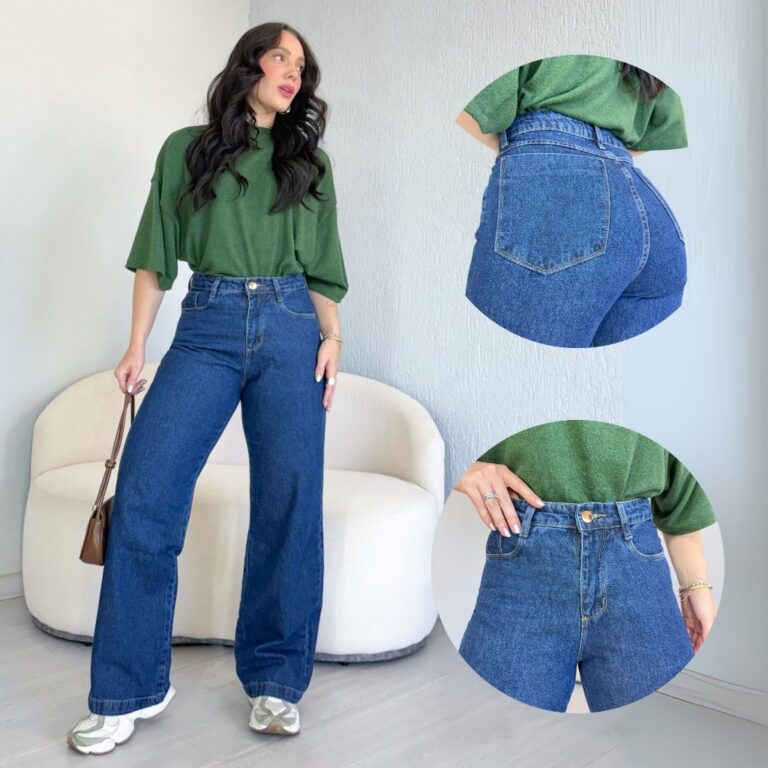 Calça Jeans Wide Leg Feminina Cintura Alta Casual