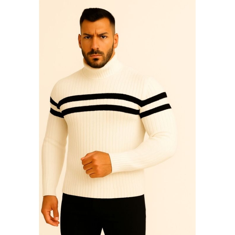 Cacharrel Masculina Tricot 2 Cabos  Gola Alta Listrada Inverno