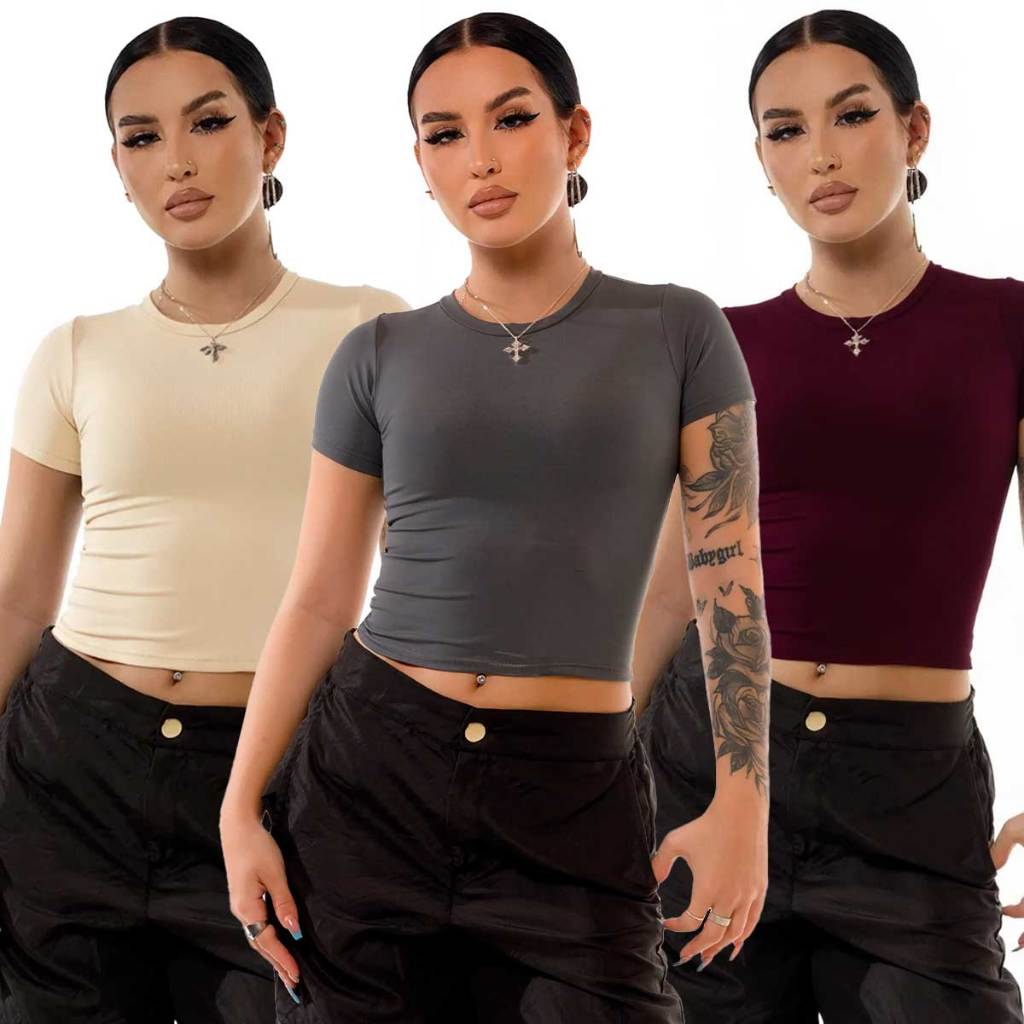 Kit 3 Ou 1 Unidade Baby Tee Feminina Blusa Slim Fit Baby Look Manga Curta Blusa de Compressão Academ
