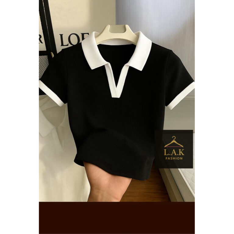 Blusa Polo Feminina Bicolor Manga Curta Ribana Pre