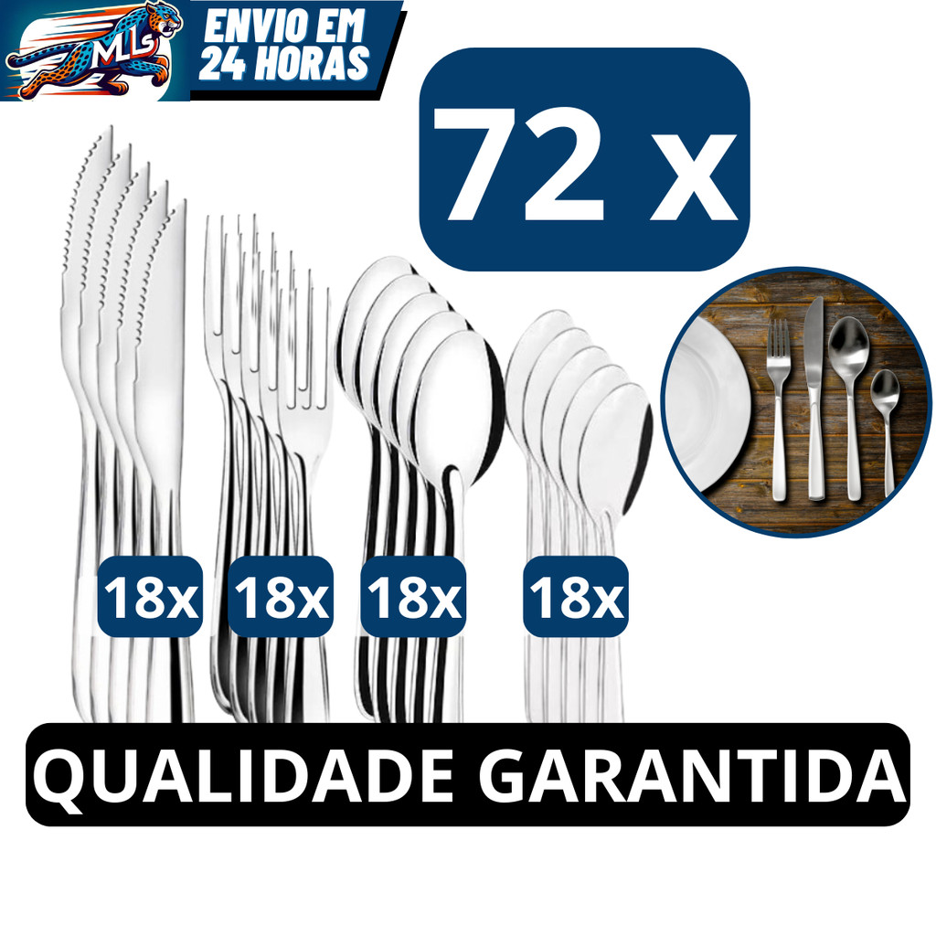 Jogo De Talheres 72 Peças Aço Inox 18 Facas 18 Garfos De Mesa 18 Colheres E 18 Colheres De Sobremesa