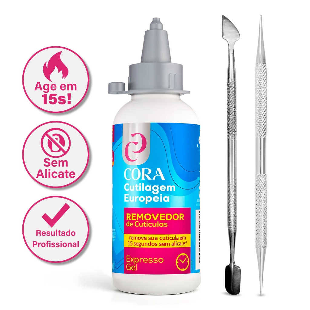 Kit Removedor De Cutículas Gel 15 Segundos Cora Espátula Palito Aço Inox Caneta Hidratante