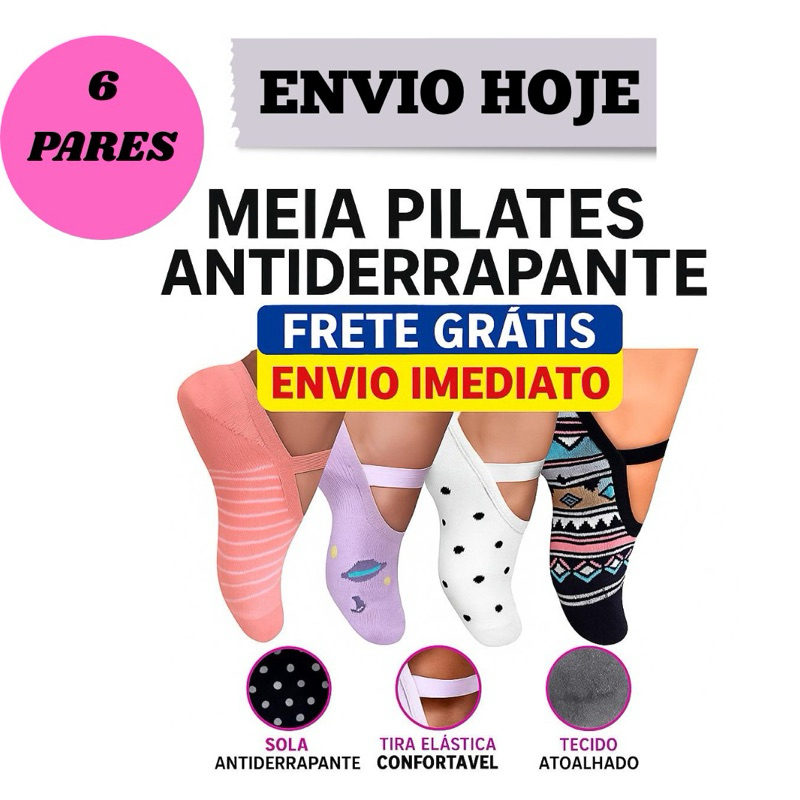 6 Pares Meia Sapatilha Pilates Antiderrapante 35/40Feminina Algodão Ideal para Yoga Academia Hidrogi