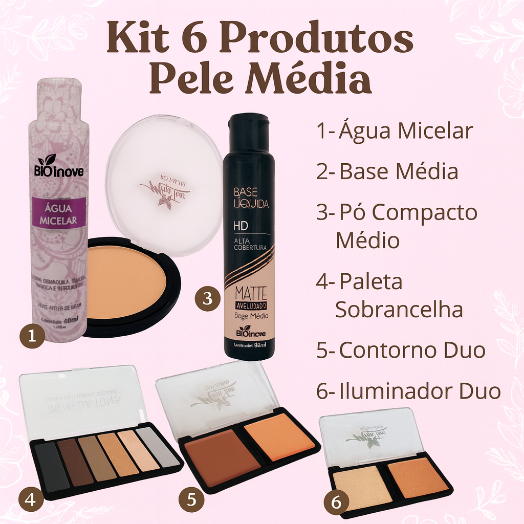 Kit Maquiagem Pele Média Completo Moda Feminina Água Micelar, Base HD, Pó Paleta Sobrancelha Contorn