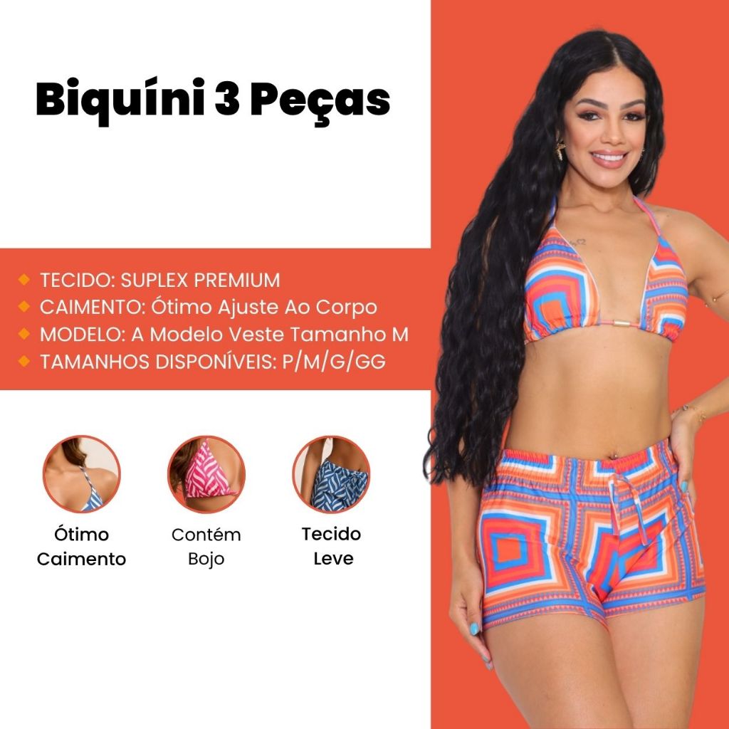 Biquini Conjunto Trikini 3 Peças Short Praia Moda Tendência saída feminina lançamento 2025