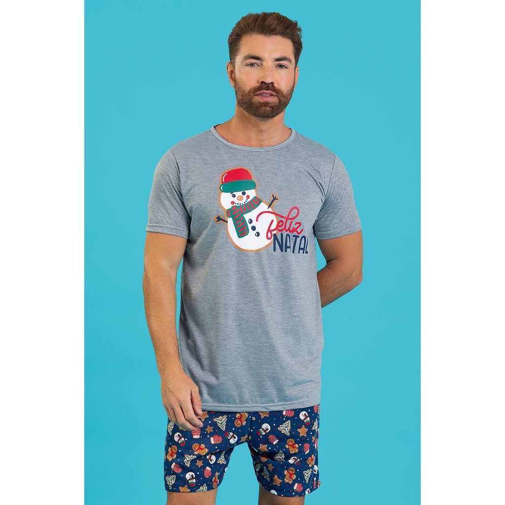 Pijama Masculino Feliz Natal Manga Curta Shorts Verão Confortável