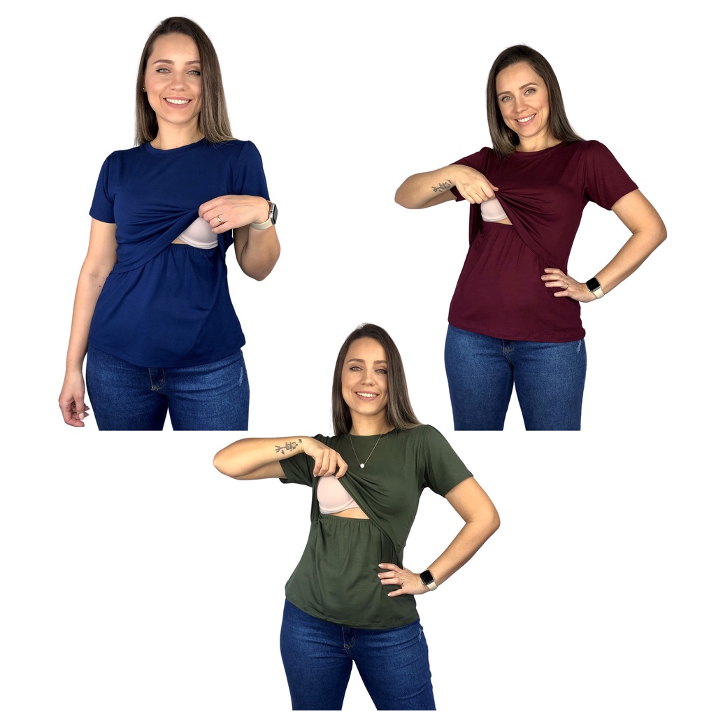 Kit 3 Blusa Amamentação Cores Premium Camiseta Manga Curta T-shirt Gestante Maternidade Amamentar