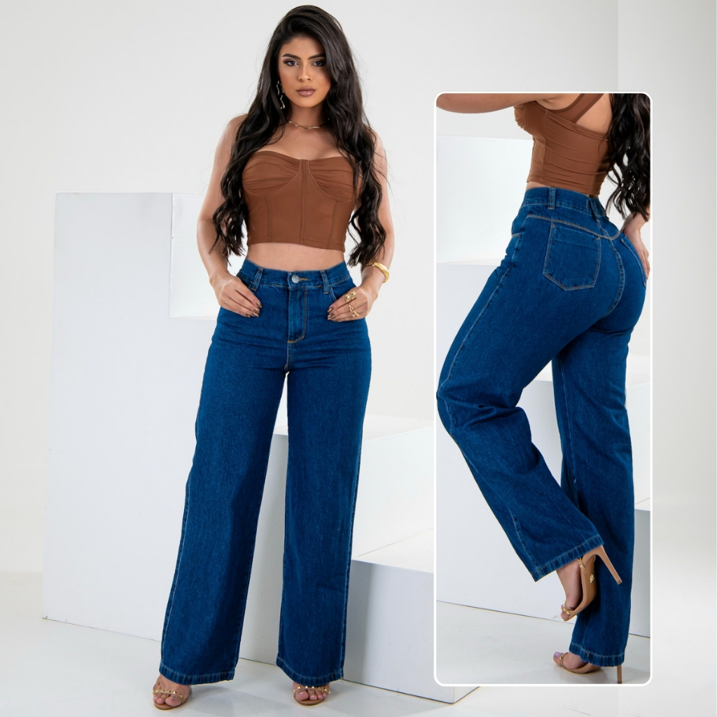 Calça Wide Leg Jeans Feminina Pantalona Cintura Alta 100% Algodão