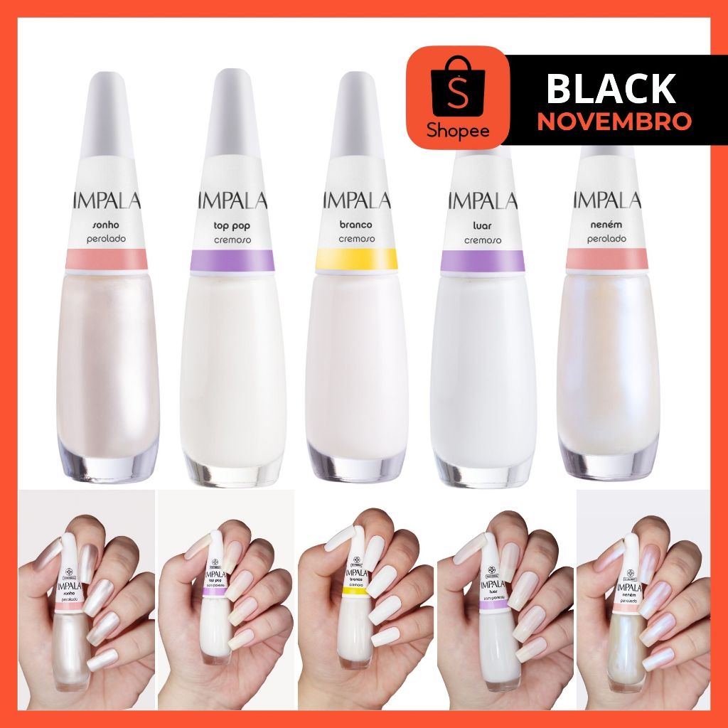 Kit 5 Esmalte Impala Francesinha Branco Clarinho Perolado Cremoso