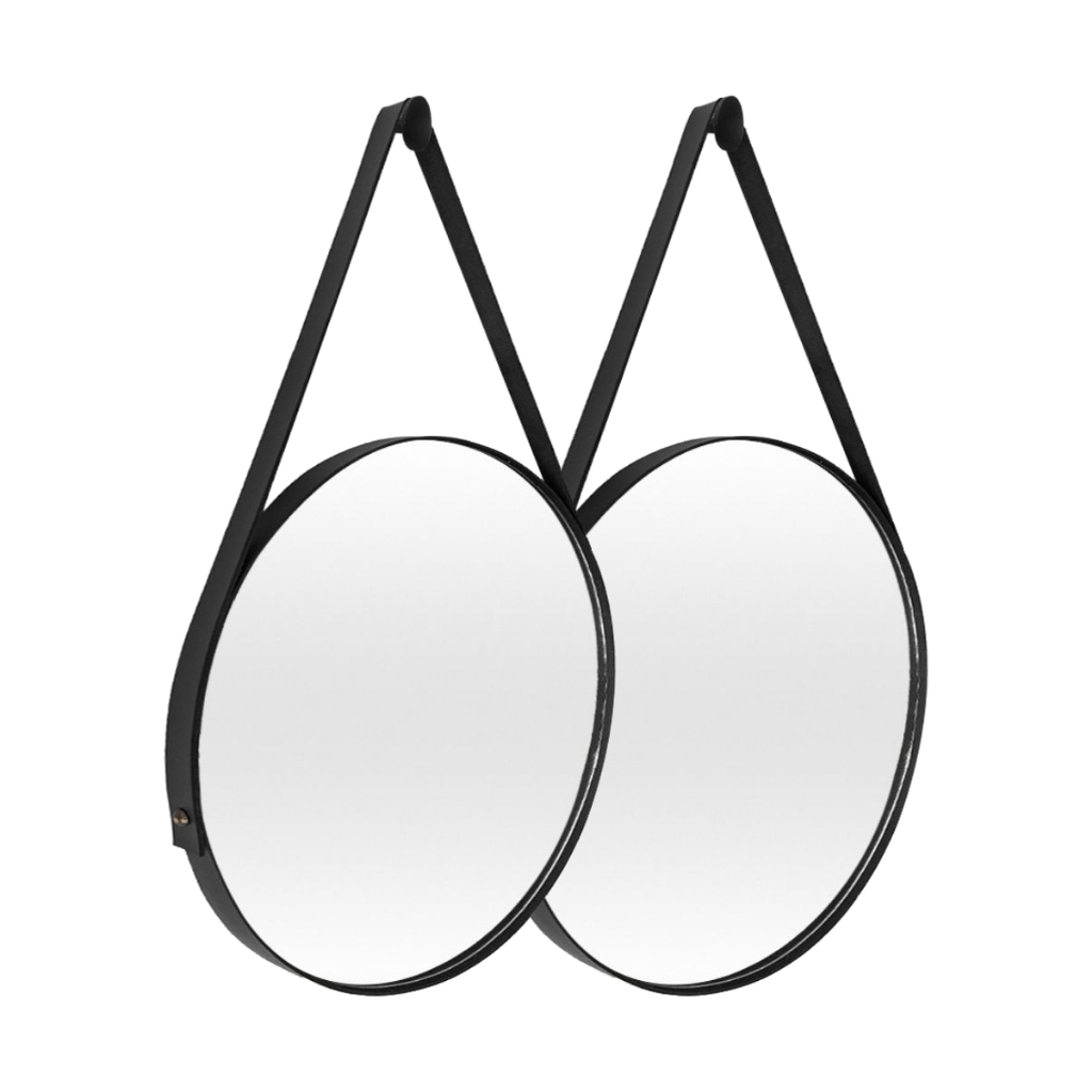 Kit 2 Espelhos Redondos Adnet 50cm com Alça de Couro com Suporte Decorativo para Banheiro, Sala, Qua