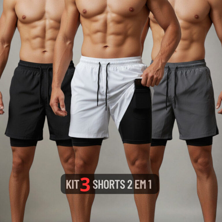 Kit 3 Shorts 2 em 1  Masculino Dry Fit com Bolso e