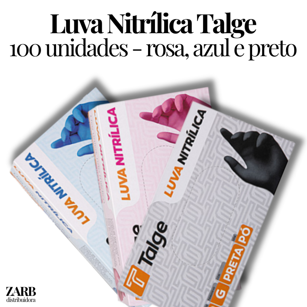 Luva Descartável Nitrílica Talge Sem Pó – Azul, Rosa e Preta | Tamanhos P, M e G