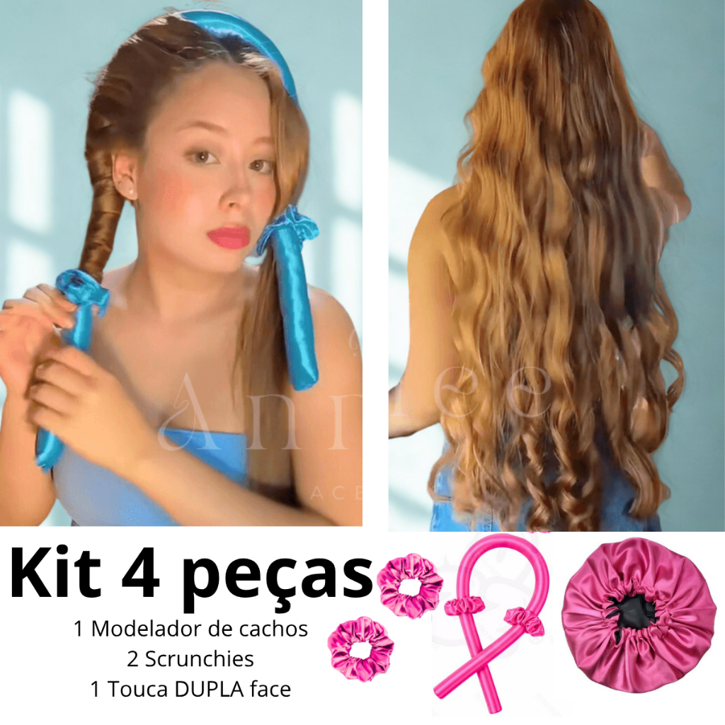 kit Modelador de Cachos Cetim Sem Calor+ touca de Cetim Dupla Face + 2 Scrunchies para cabelo Femino