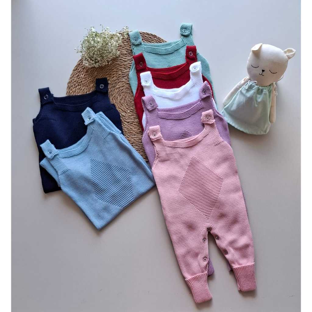 Jardineira Tricot Losango Verão Bebê Saída Maternidade Tricô Menino Menina Salopete Recém Nascido