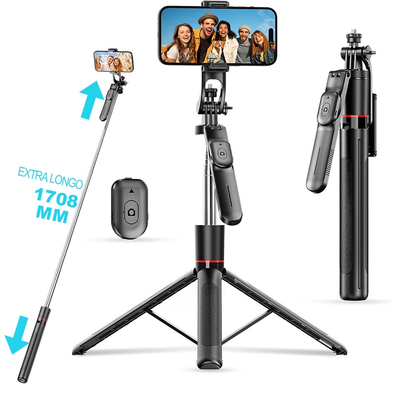 Selfie Stick Tripé 1.7M/1.8M/2M, 4 Eixos 360° Rotação Anti-tremor+ Controle Bluetooth Sem Fio para V