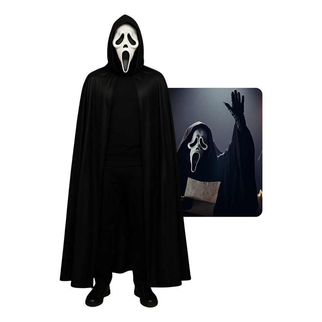 Kit Mascara Capa Fantasia Adulto Halloween Com Capuz Panico Cor Preto