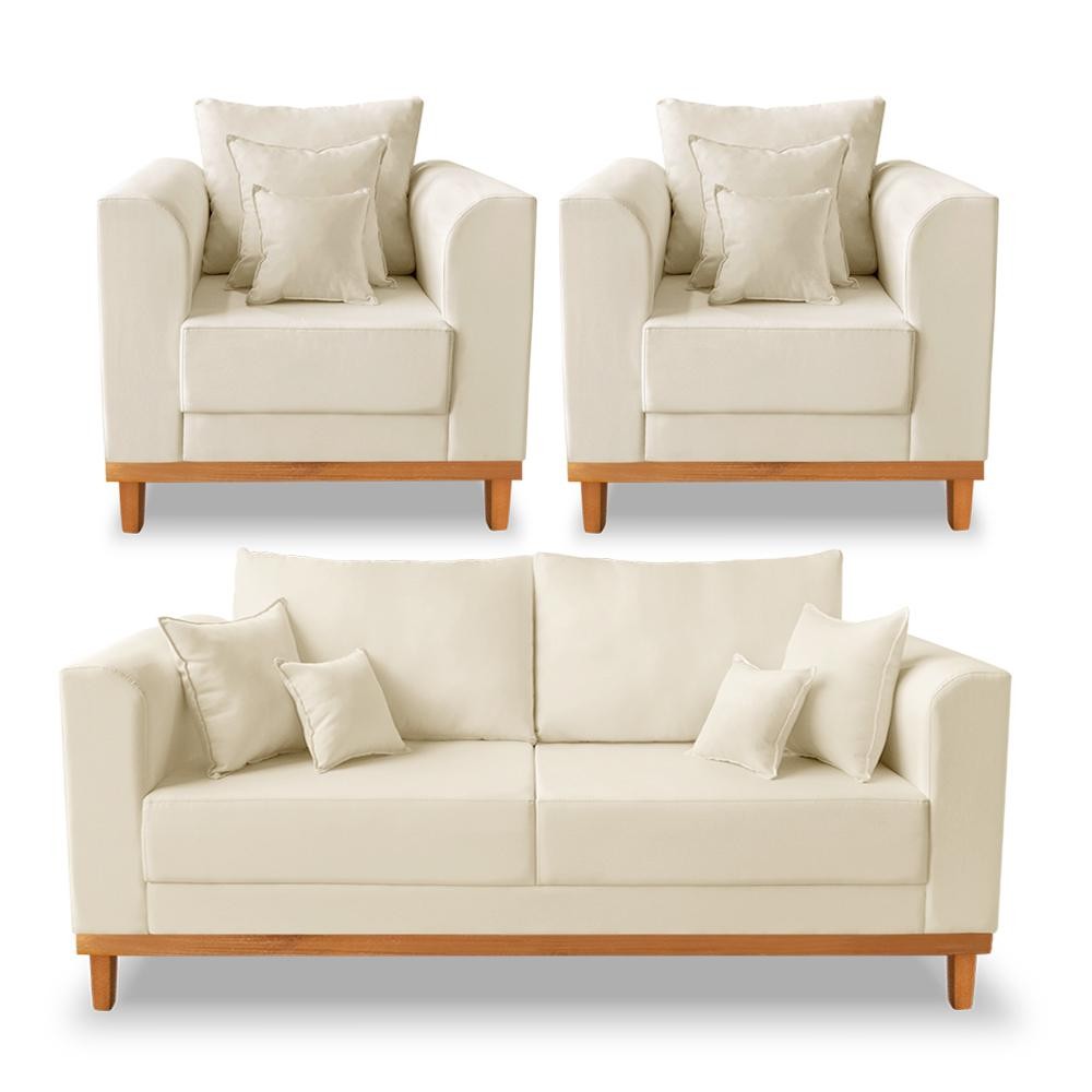 Kit Sofá 3 Lugares e Poltronas Sala de Estar Beny Linho Bege Madeira Estofados