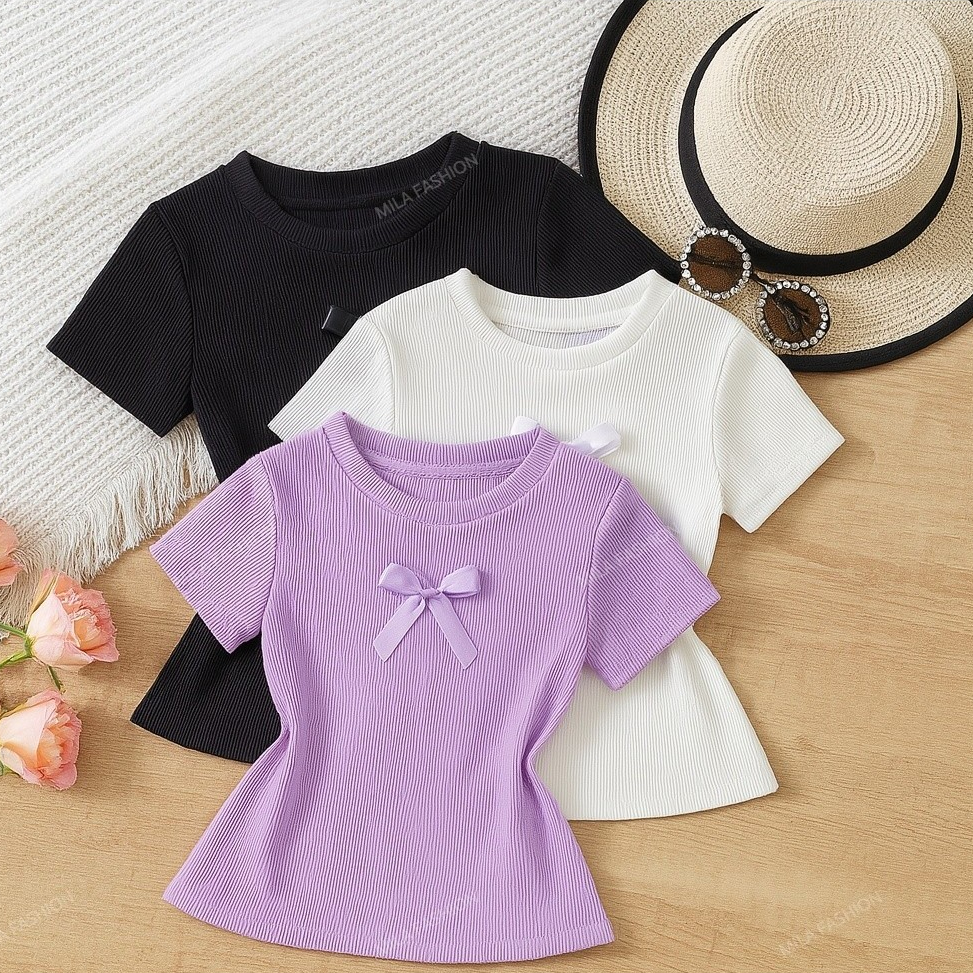 KIT 3 Blusas infantil menina manga curta com lacinho 4 a 12 anos