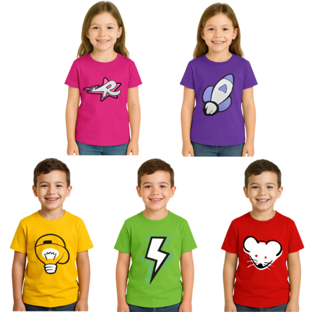 Emilly Vick Camisa Camiseta Infantil Robson Rato Leozin Lampada Void Raio Katlen Foguete Emili Emily