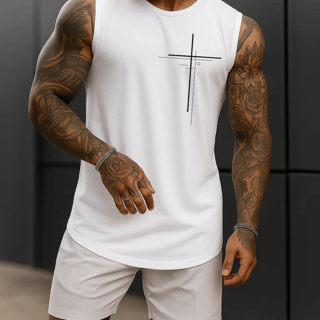 Regata Masculina Cristã Academia Algodão 100% Estampada Cruz Minimalista Premium Treino Fitness Casu