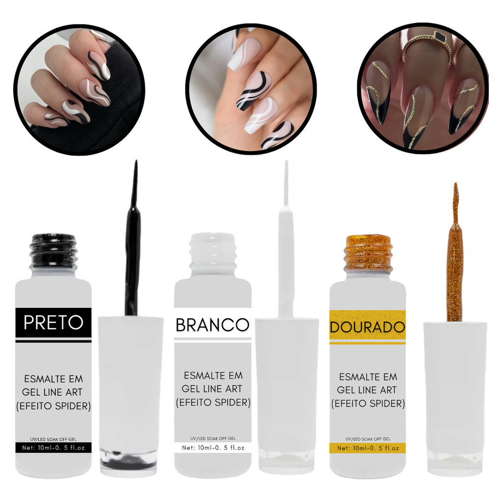 Kit 3 Esmaltes Em Gel Ponta Fina P/ Line Art Efeito Spider | Nail Art Decoração