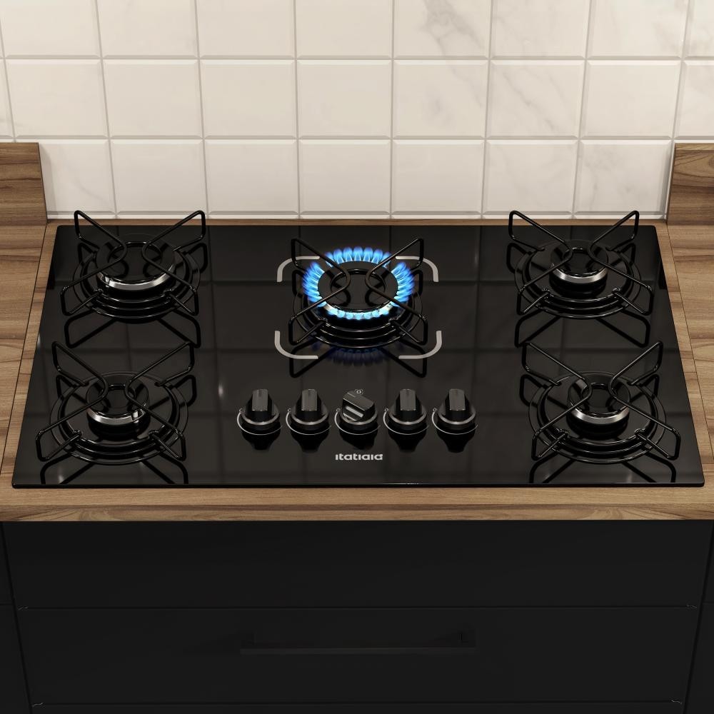 Fogão Cooktop 5 Bocas Itatiaia a Gás Essencial Vidro Temperado Preto Bivolt