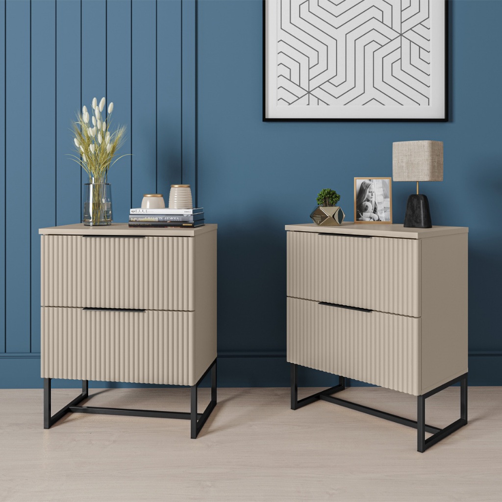 Mesa de Cabeceira Lumia 2 Gavetas Ripado Ondulado Estilo Industrial  Unitária ou Kit – LH Móveis