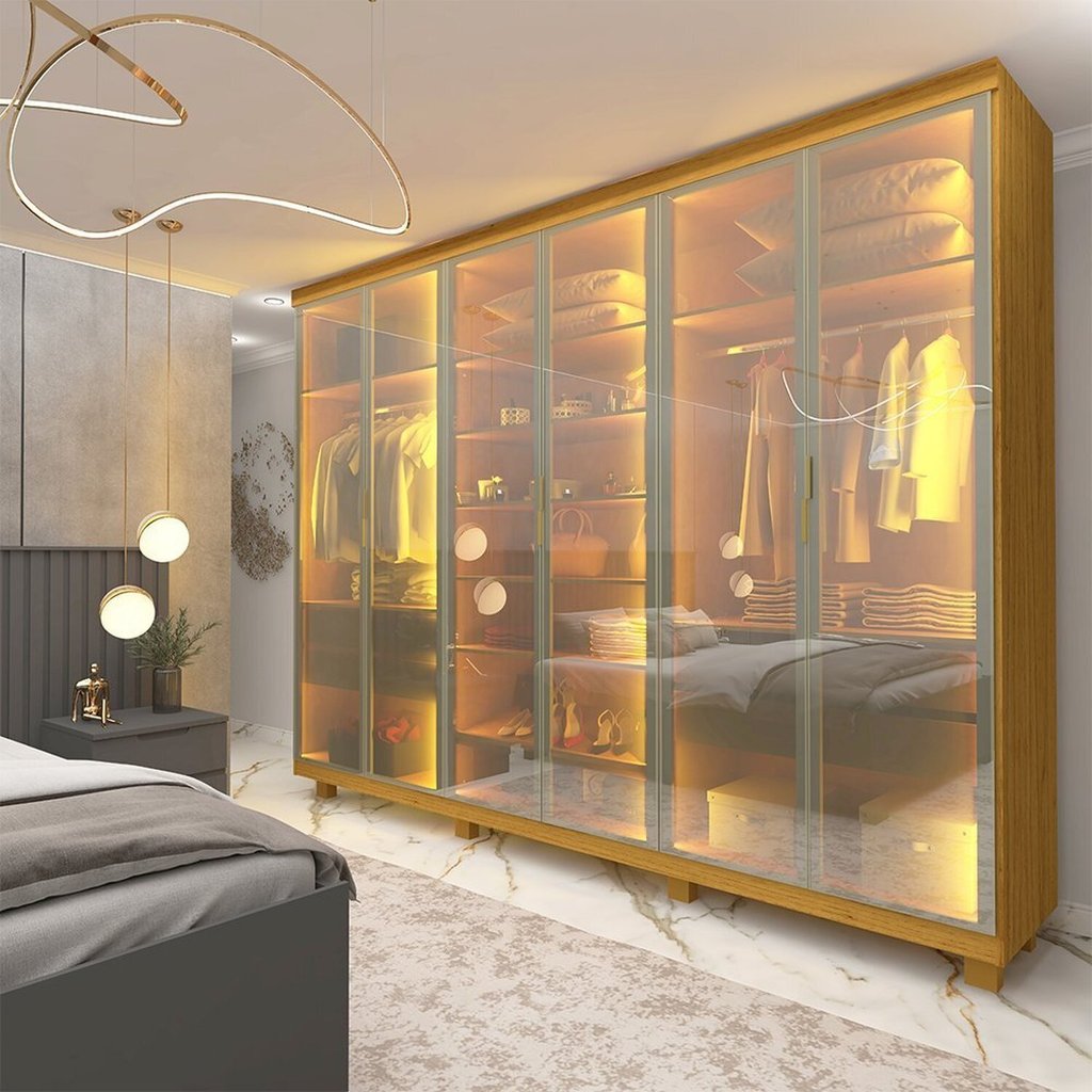 Guarda-roupa Casal 6 Portas Reflecta com Pés e Led Imperatriz 100% MDF Naturale
