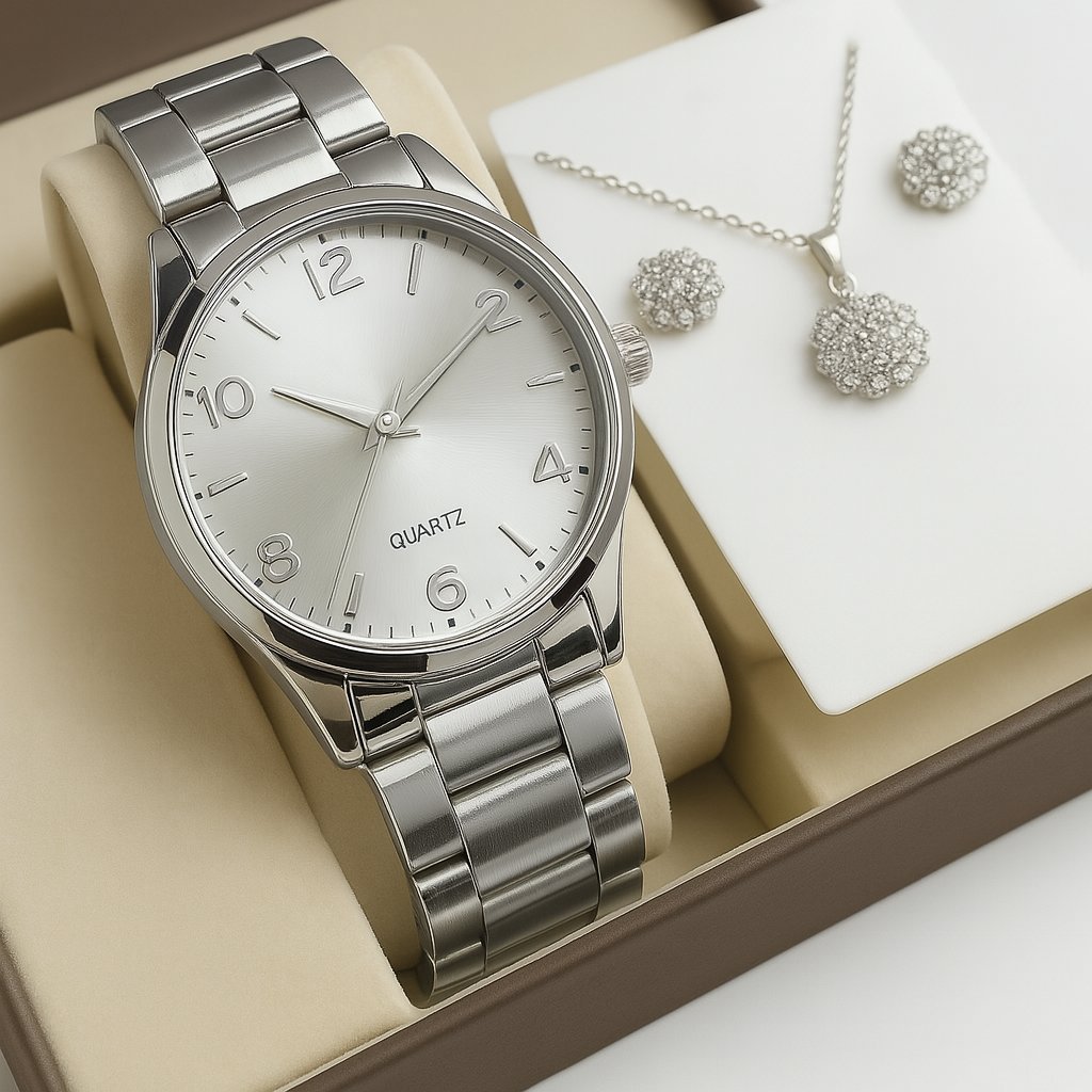 CONJUNTO RELOGIO FEMININO DOURADO + COLAR E BRINCOS FOLHEADOS