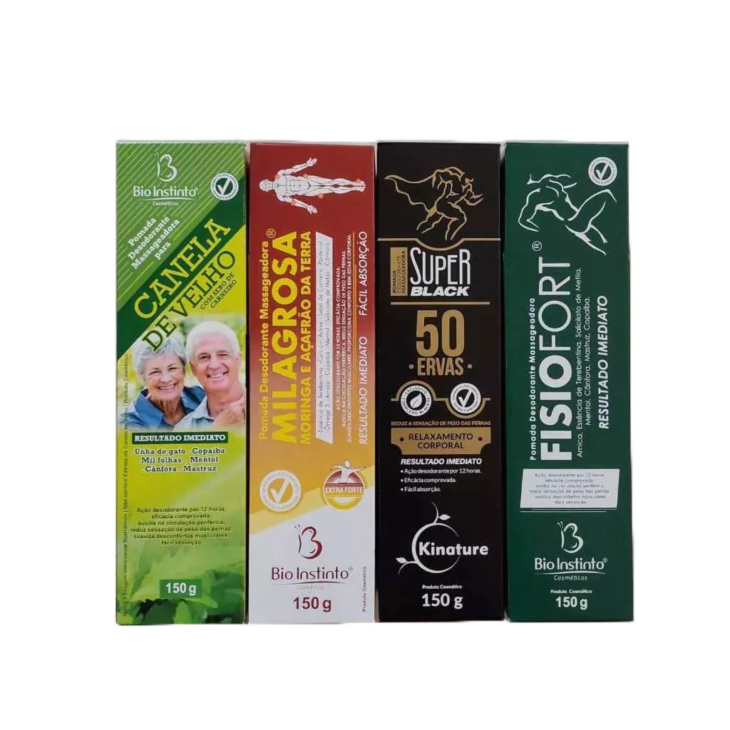 Kit 4un Pomadas Massageadoras 150g Bio Instinto – Canela de Velho – Milagrosa – Fisiofort – Super Bl