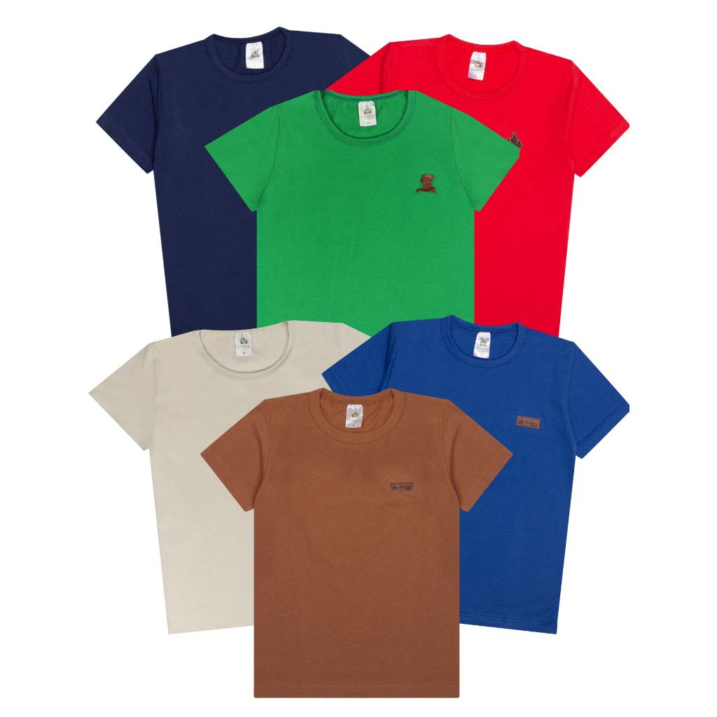 Kit com 2 ou 6 Camisetas Infantis Manga Curta para Bebê Menino Modelagem Básica Lisa Roupas Leves Co