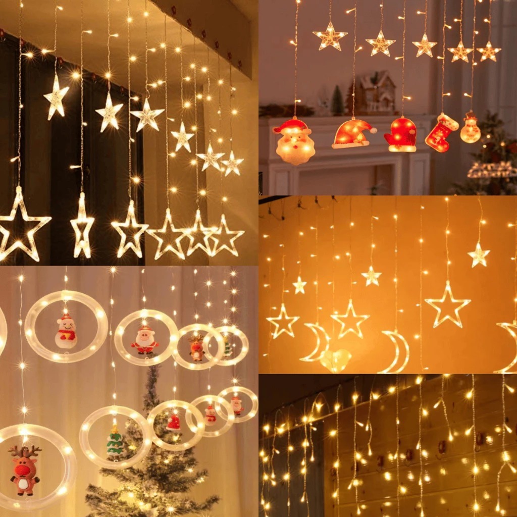 Decoração de Natal :3M Luzes de Cortina 110V com Estrelas, Anéis e Cristais  Ideal para Árvore, Fest