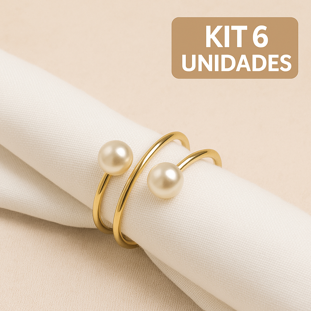 Kit 06 Anel Porta Guardanapos Dourado com Pérola Creme Mesa Posta Luxuosa
