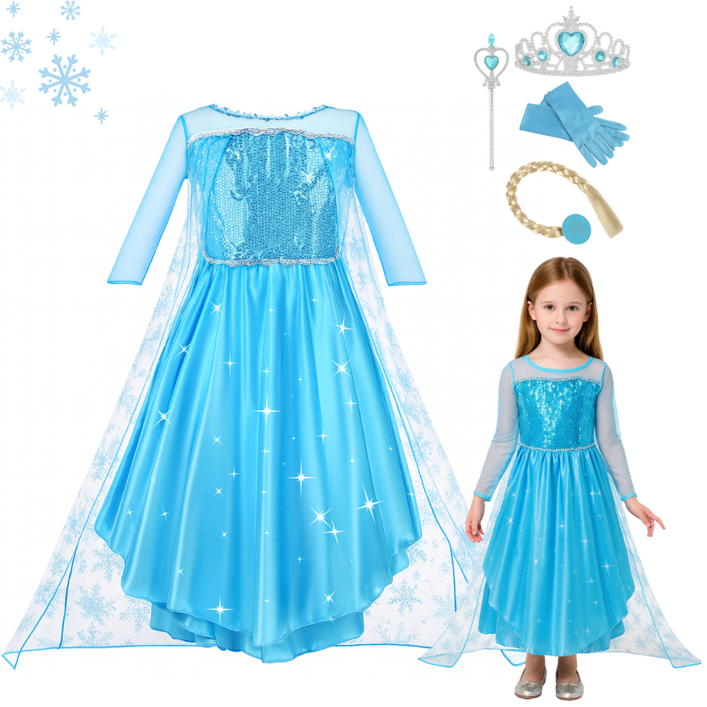 Fantasia Vestido Infantil Elsa Frozen Com Capa E Acessórios Festa Hallowen Crianças